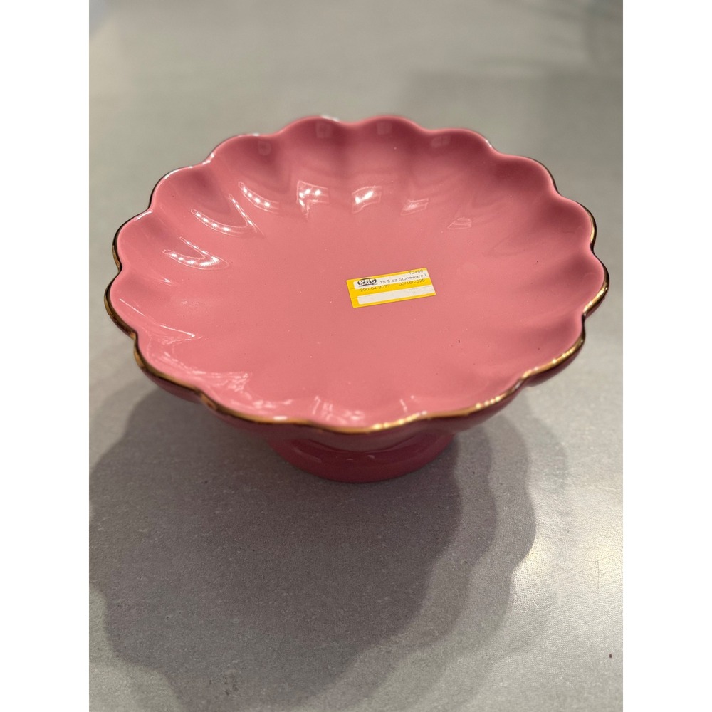 Threshold Pink Scalloped Pedestal Serving Bowl Gold Rim Stoneware New